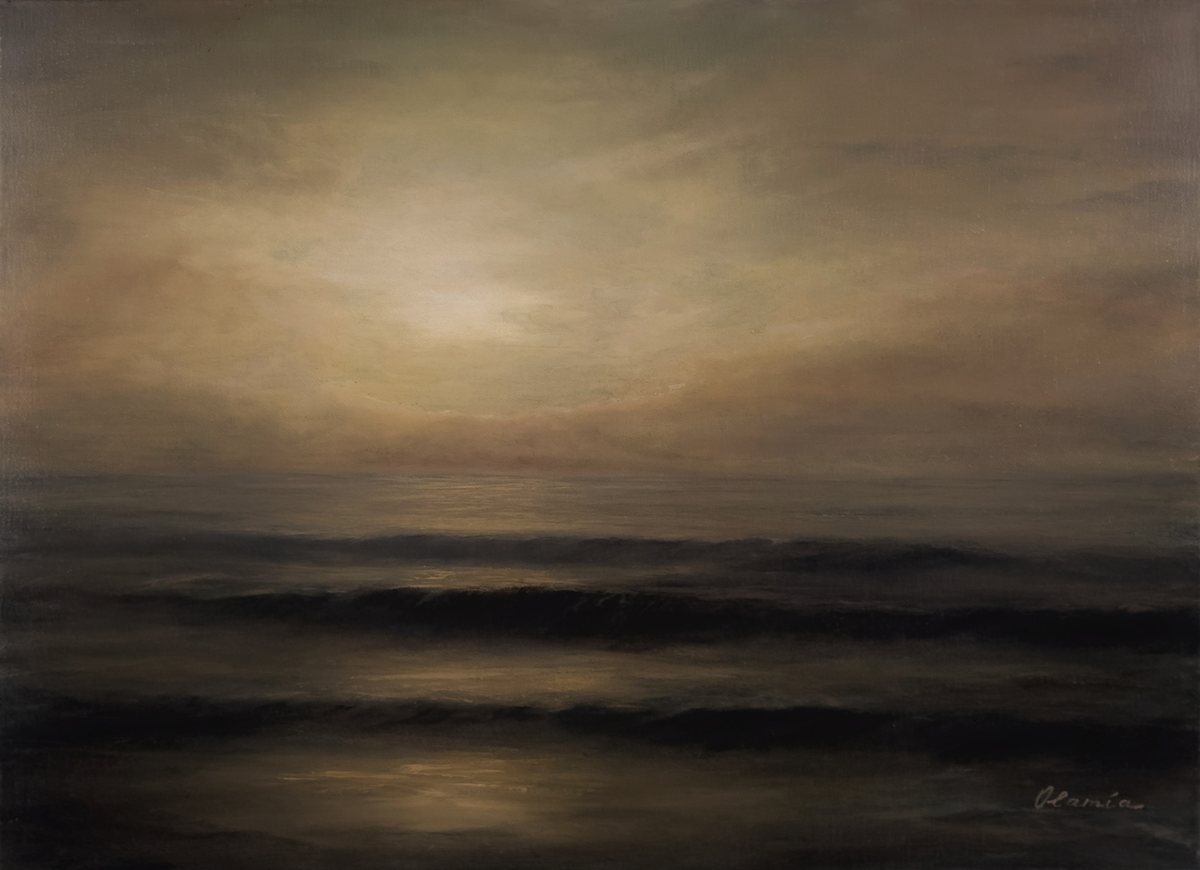 Presencia, an oil painting of a luminous horizon over a dark sea